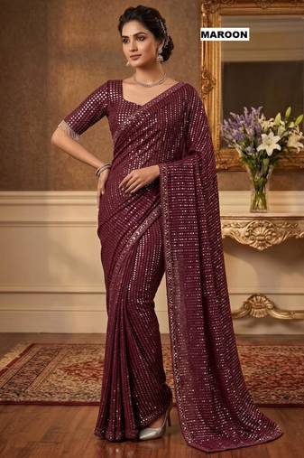 Maroon georgette sequins work embroidered saree