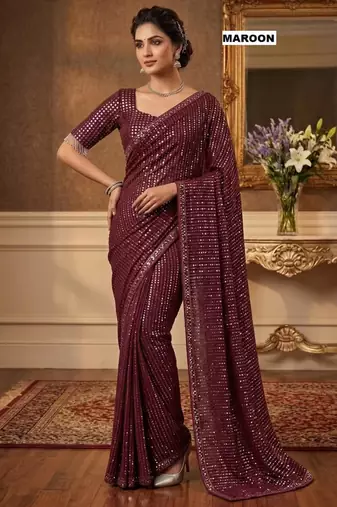 Maroon georgette sequins work embroidered saree