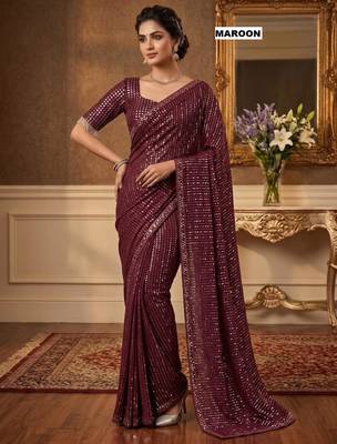 Maroon georgette sequins work embroidered saree 2