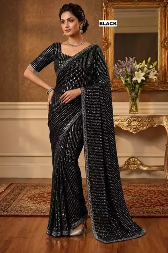 Black georgette sequins work embroidered saree