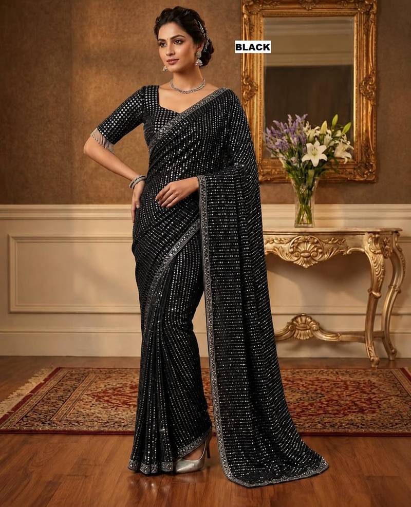 Black georgette sequins work embroidered saree