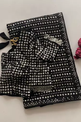 Black georgette sequins work embroidered saree