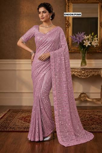 Onion pink georgette sequins work embroidered saree