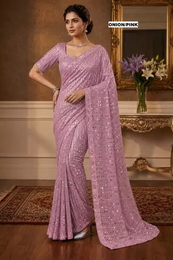 Onion pink georgette sequins work embroidered saree