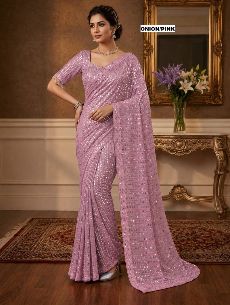 Onion pink georgette sequins work embroidered saree