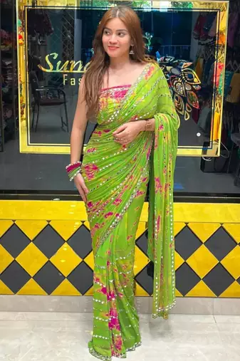 Parrot green georgette mirror work printed saree