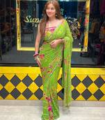 Parrot green georgette mirror work printed saree