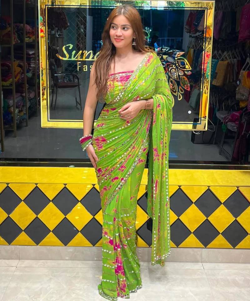 Parrot green georgette mirror work printed saree