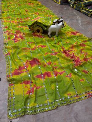 Parrot green georgette mirror work printed saree 3