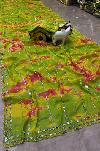 Parrot green georgette mirror work printed saree