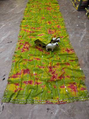 Parrot green georgette mirror work printed saree 4