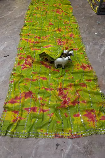 Parrot green georgette mirror work printed saree