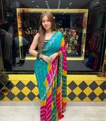 Multicolor georgette mirror work printed saree