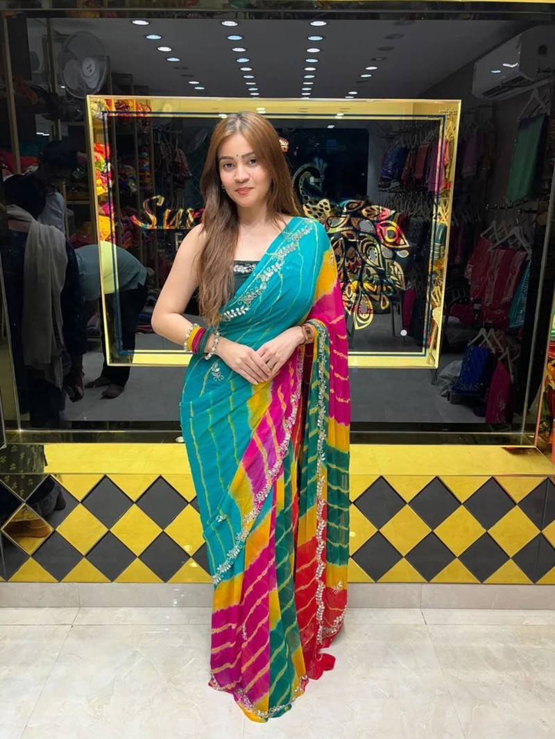 Multicolor georgette mirror work printed saree