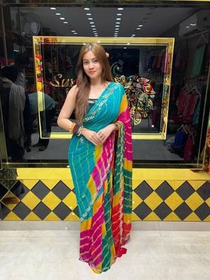 Multicolor georgette mirror work printed saree 2