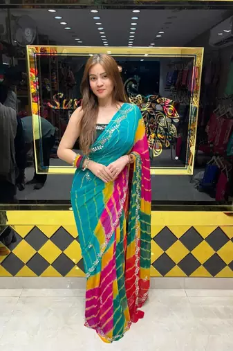 Multicolor georgette mirror work printed saree