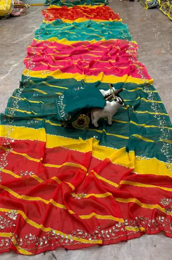 Multicolor georgette mirror work printed saree
