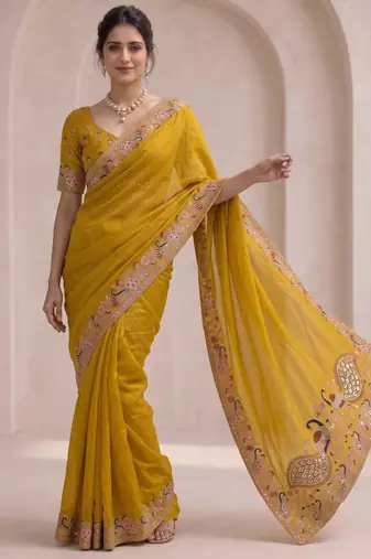 Mustard georgette thread work embroidered saree