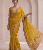 Mustard georgette thread work embroidered saree