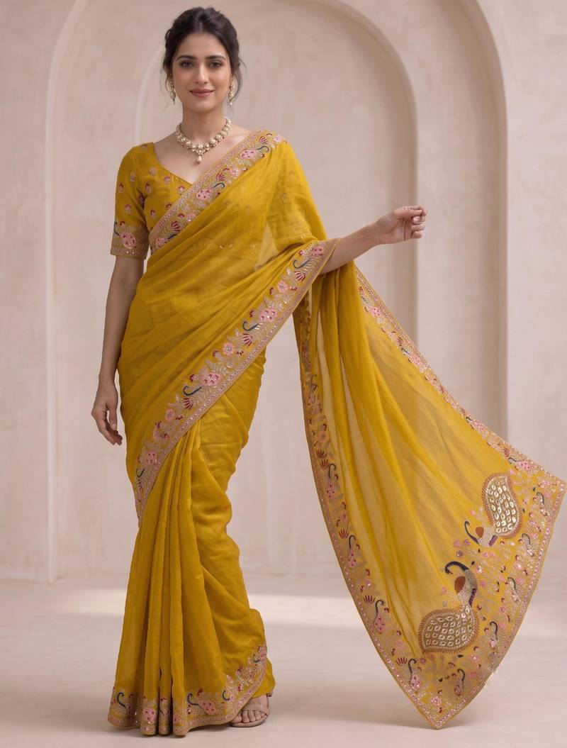 Mustard georgette thread work embroidered saree