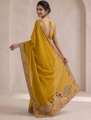 Mustard georgette thread work embroidered saree 2