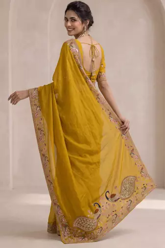 Mustard georgette thread work embroidered saree