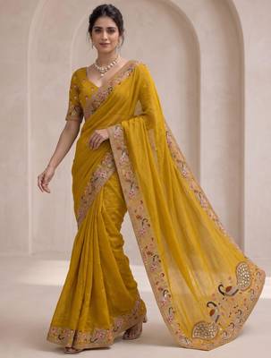 Mustard georgette thread work embroidered saree 3