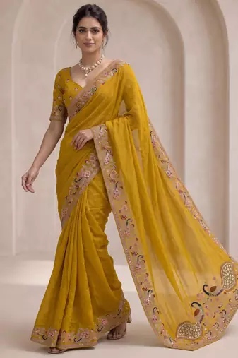 Mustard georgette thread work embroidered saree