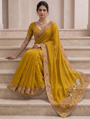 Mustard georgette thread work embroidered saree 4