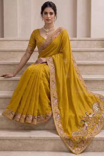 Mustard georgette thread work embroidered saree