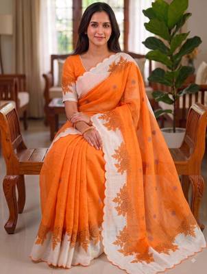 Orange linen floral print printed saree 1