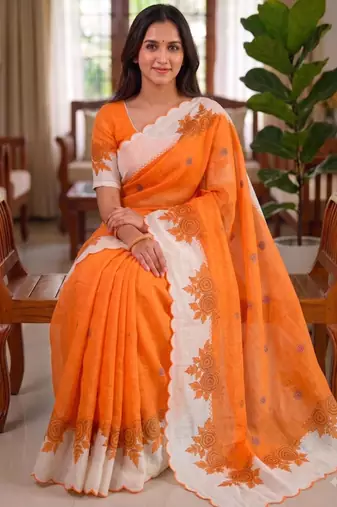 Orange linen floral print printed saree