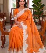 Orange linen floral print printed saree