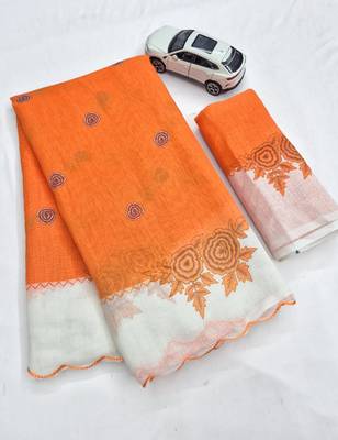 Orange linen floral print printed saree 2