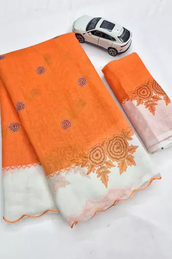 Orange linen floral print printed saree