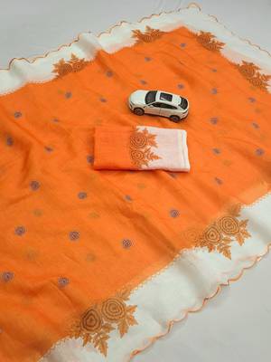 Orange linen floral print printed saree 3