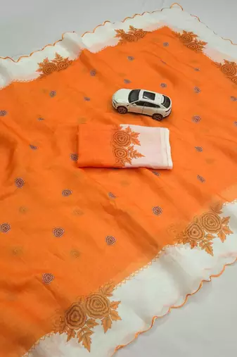 Orange linen floral print printed saree