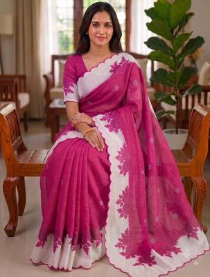 Rani pink linen floral print printed saree 1