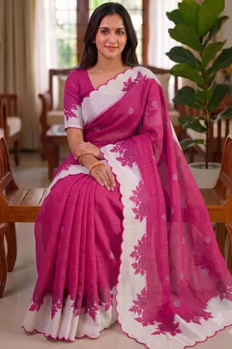 Rani pink linen floral print printed saree