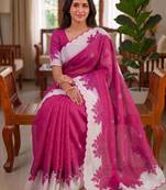 Rani pink linen floral print printed saree