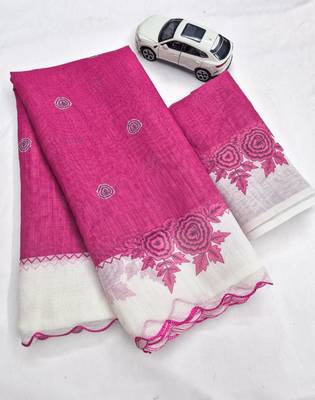 Rani pink linen floral print printed saree 2