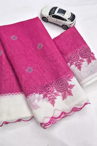 Rani pink linen floral print printed saree