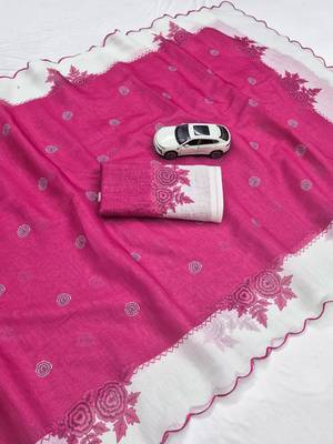Rani pink linen floral print printed saree 3