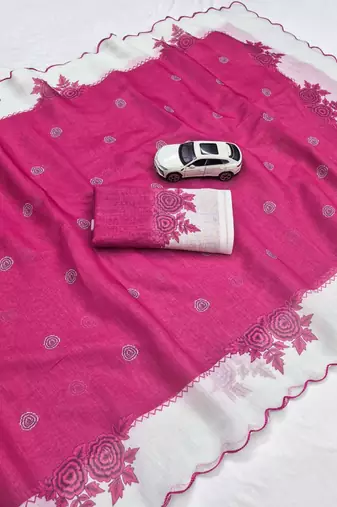 Rani pink linen floral print printed saree
