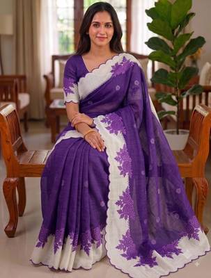 Purple linen floral print printed saree 1