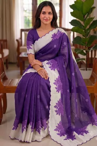 Purple linen floral print printed saree