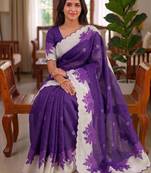 Purple linen floral print printed saree