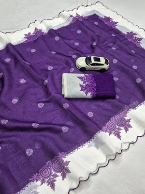 Purple linen floral print printed saree 2