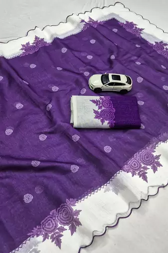 Purple linen floral print printed saree