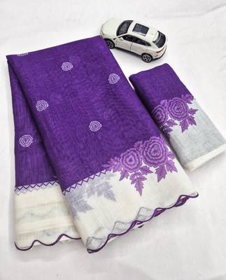 Purple linen floral print printed saree 3